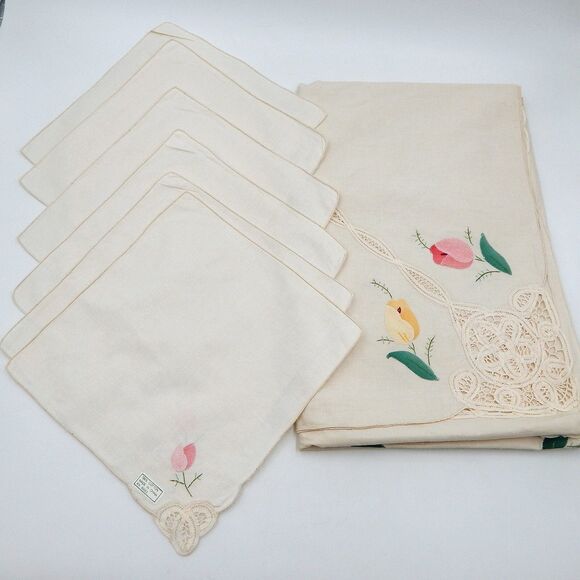 Battenburg Lace Tulip Applique Ecru Off-White Tablecloth 6 Napkins